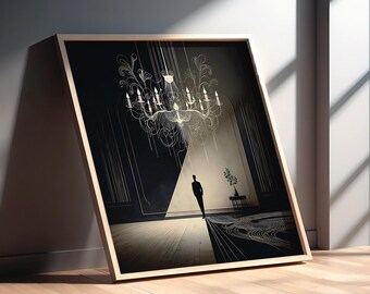 Elegant Chandelier Wall Art, Minimalist Printable Artwork in Black and Gold, Luxury Modern Home Decor Sophisticated Digital Download