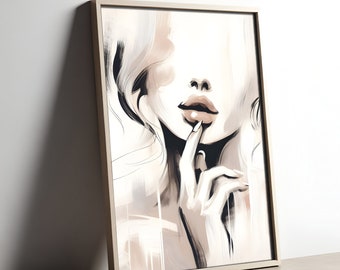 Abstract Painting of Woman Touching Lips, Minimalistic Beauty, Sensual Artwork, Downloadable, Printable, Contemporary Elegant Decor Wall Art