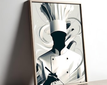 Modern Chef Wall Art, Minimalist Culinary Silhouette with Abstract Design, Kitchen & Restaurant Decor, Black and White Monochrome Luxury Art