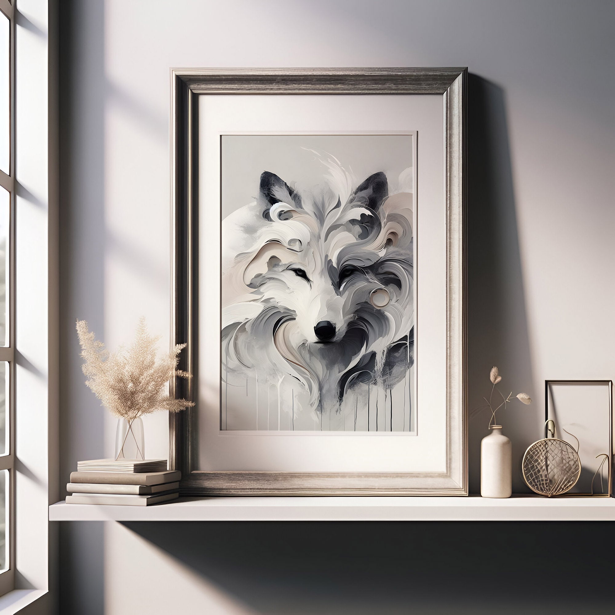 Minimal White Wolf Abstract Art Printable Download for Bedroom and