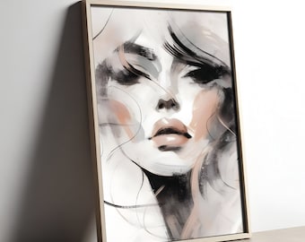 Mode abstraite visage féminin Portrait chambre à coucher Art mural Décoration d'intérieur minimaliste Téléchargement numérique Imprimable instantanée affiche contemporaine Neutres
