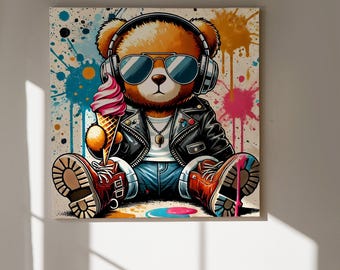 Cool Teddy Bear Graffiti Art, Hip Hop Street Style Digital Print Funky Urban Decor for Kids & Teens, Cute Instant Downloadable Printable