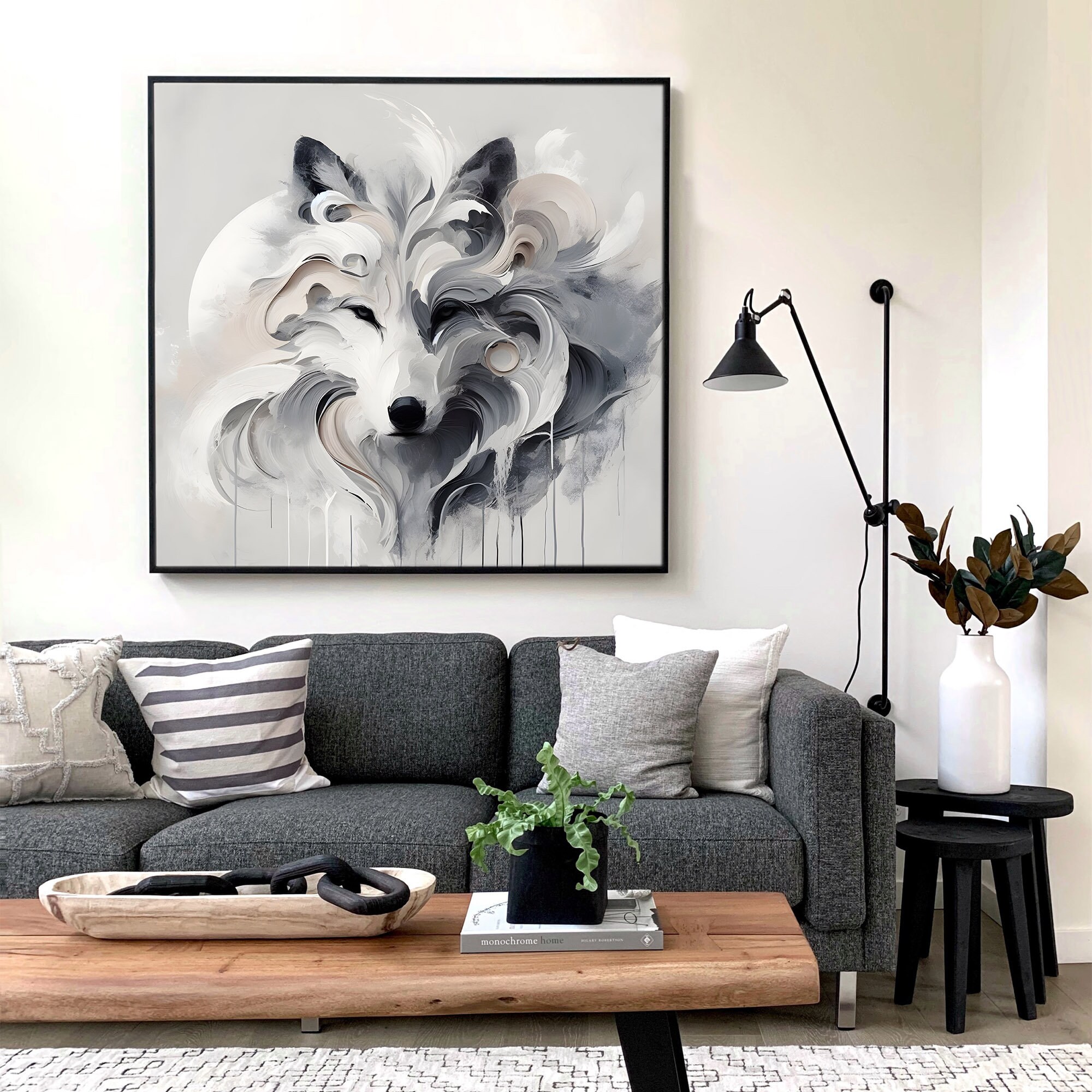 Minimal White Wolf Abstract Art Printable Download for Bedroom and