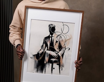 Abstract Art of Man in Suit, Dapper, Luxury Aesthetic, White and Black, Unique Poster, Minimalist Bedroom Decor, Downloadable Printable
