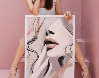 Female Lips Abstract Art, White and Muted Neutrals, Contemporary Wall Decor, Unique Poster, Living Room Art, Downloadable Printable