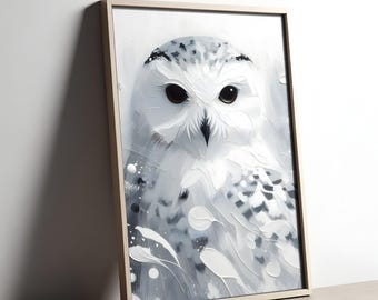 Sowa śnieżna Abstrakcyjna sztuka Minimalistyczna biała dzika przyroda Wydruk monochromatyczny Dekoracja ścienna Do druku Tajemnicza spokojna natura zainspirowana dziełem sztuki Pobierz