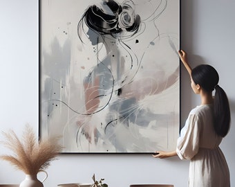 Chic Minimalistic Japanese Woman Warrior Painting, Neutral Tones Printable Artwork, Unique Poster, Elegant Bedroom Wall Decor