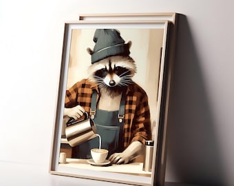 Raccoon Coffee Barista, Funny Animal Print, Instant Download, Hipster Coffee Shop Wall Art Decor, Printable Raccoon Painting