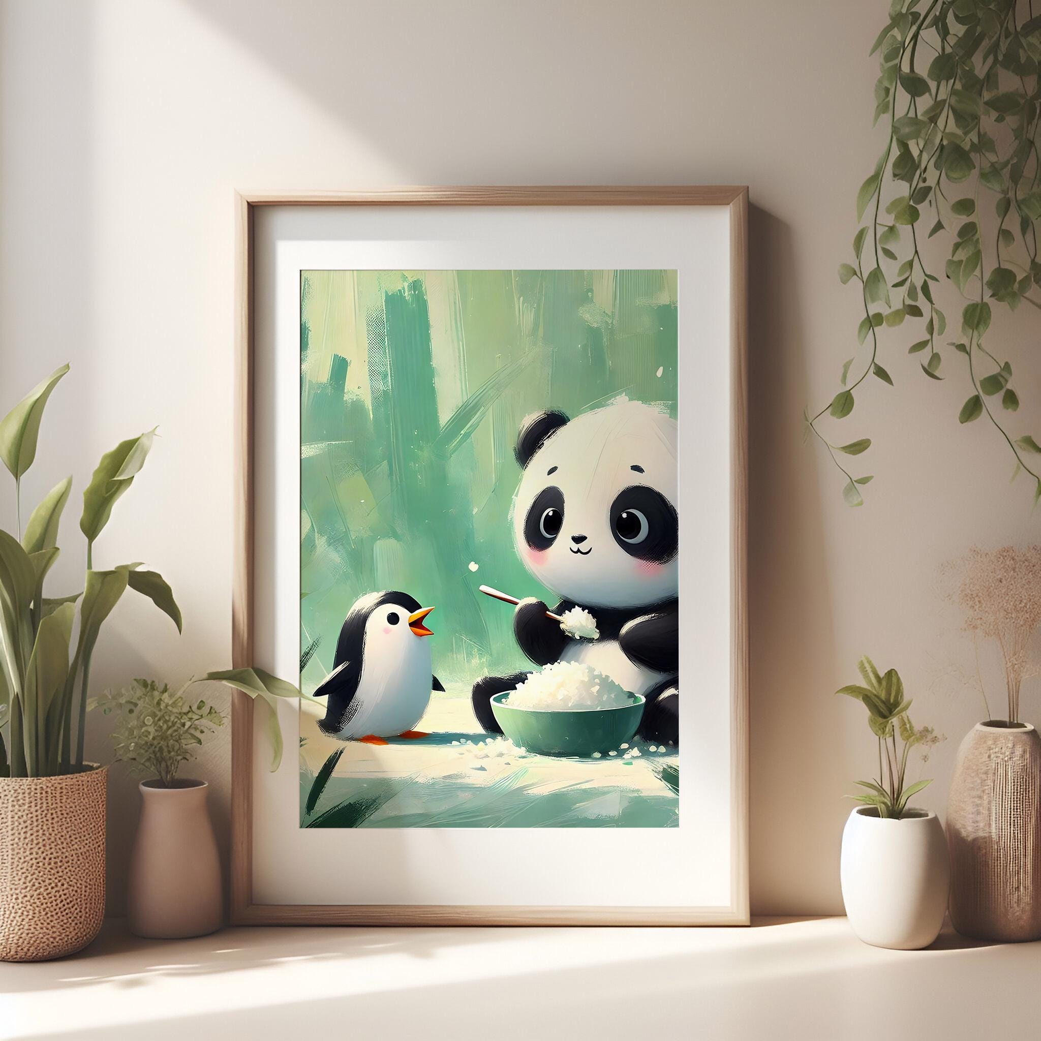 Panda and Penguin Friends Cute Playful Art for Kids Room, Panda Eating ...