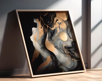 Luxury Black and Gold Abstract Art Feminine Silhouette Wall Art Modern Home Decor Fluid Contemporary Design Downloadable Print Gift For Her