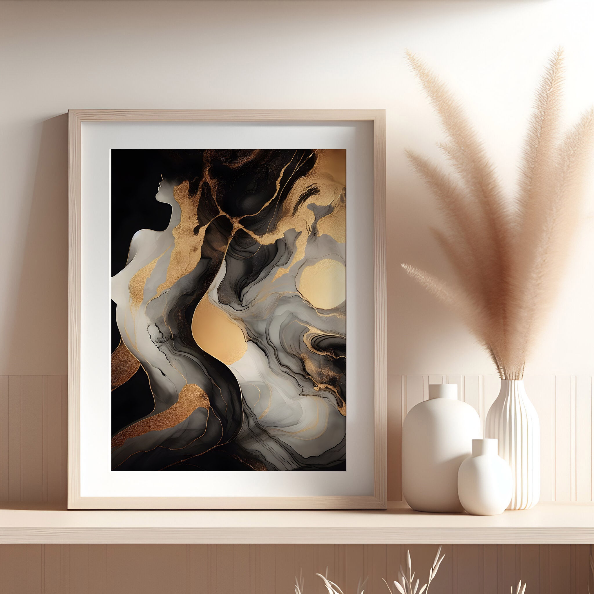 Luxury Black and Gold Abstract Art Feminine Silhouette Wall Art Modern ...