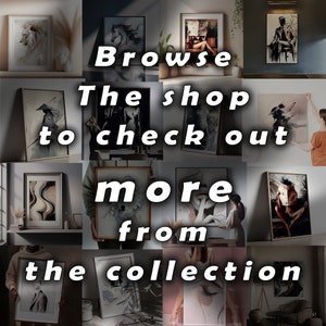 May include: A collage of framed artwork featuring various styles and subjects, including abstract, figurative, and animal themes. The text "Browse The shop to check out more from the collection" is superimposed on the image.