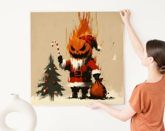 Pumpkin Claus Halloween Meets Christmas Santa Jack-o-lantern Holiday Artwork Painting Printable Download Fall Autumn Decor Cute Pumpkin Xmas