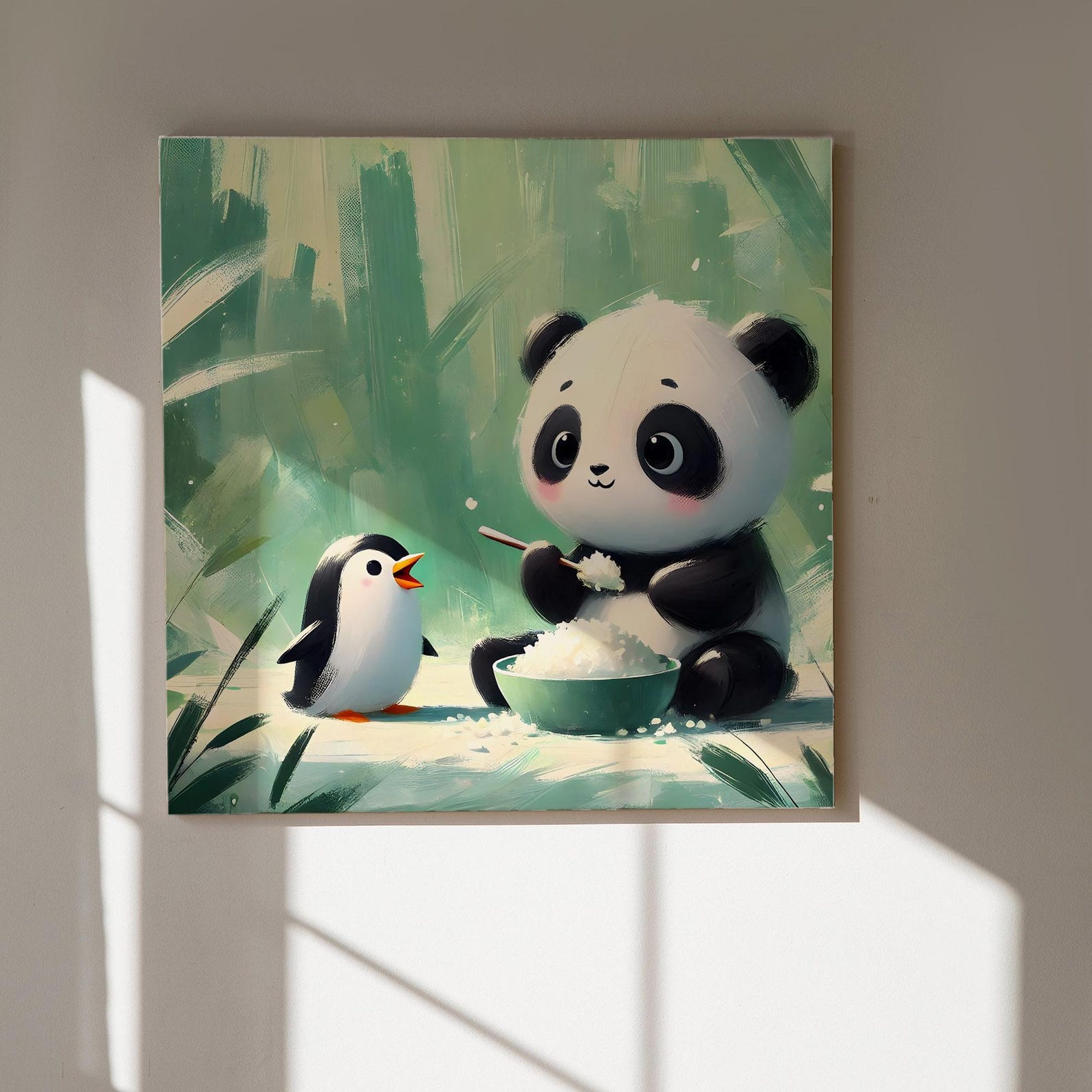 Panda and Penguin Friends Cute Playful Art for Kids Room, Panda Eating ...