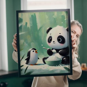Panda y pingüino amigos, arte lindo y divertido para la habitación de los niños, panda comiendo arroz, impresión de arte digital, descarga instantánea, adorable obra de arte animal