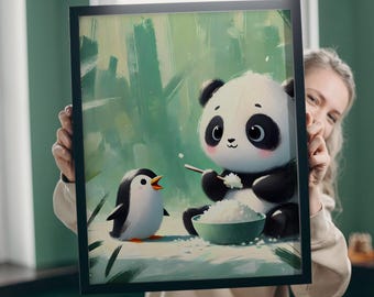 Panda and Penguin Friends Cute Playful Art For Kids Room, Panda Eating Rice Digital Art Print Instant Download Adorable Animal Artwork