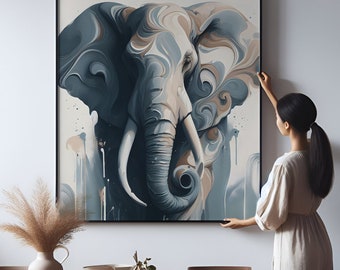Cool Blue Elephant Abstract Minimal Poster Printable Artwork Elegant Bedroom Decor High-Resolution Print Wildlife Painting Neutrals Majestic