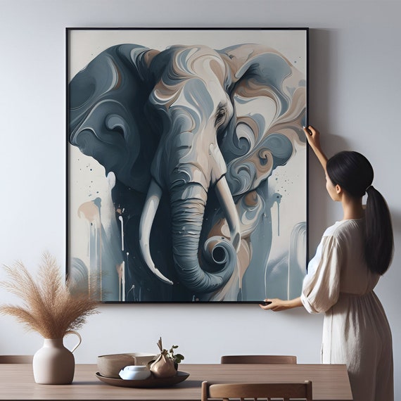 Cool Blue Elephant Abstract Minimal Poster Printable Artwork Elegant Bedroom Decor High-Resolution Print Wildlife Painting Neutrals Majestic