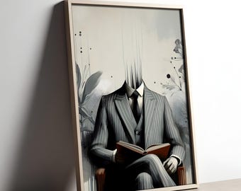 Surreal Gesichtslose Mann Kunst moderne abstrakte Illustration nachdenklich minimalistische Wand Dekor druckbare digitaler Download Herrenanzug