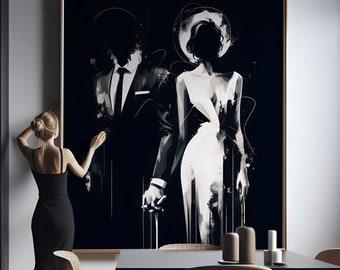 Power Couple Wall Art Abstract Wedding Bride and Groom Luxury Bedroom Decor Printable Minimalistic Black and White Painting Downloadable