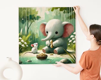 Adorable Elephant & Mouse Painting for Kids Room, Digital Art Print Instant Download Nursery Decor, Cute Friendship Wall Art for Children