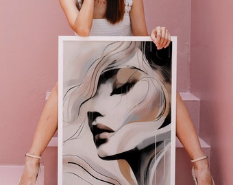 Studio d'art maquilleur abstrait minimaliste visage féminin Femme contemporaine tons neutres Art mural de la chambre à coucher Téléchargement imprimable Décoration féminine
