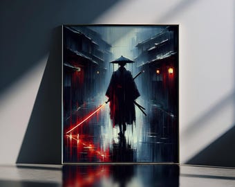 Samurai Warrior in Rain Neon Sword, Digital Art Print, Cyberpunk Japan Aesthetic, Dark Samurai Wall Art, Printable Decor for Sci-Fi Lovers