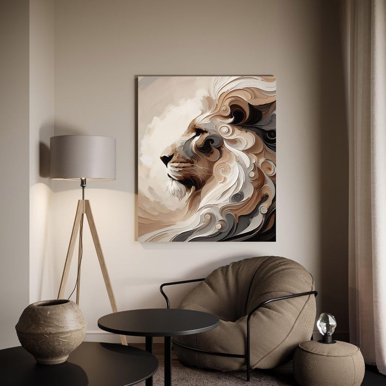 May include: A canvas print featuring a lion's profile in shades of brown, beige, and gray. The artwork showcases a detailed mane with swirling patterns, creating a textured and artistic effect. The lion's face is rendered with fine detail, capturing its regal essence.