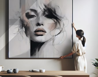 Chic and Unique: Abstract Woman Portrait - Luxury Aesthetic, Black & Gray, Feminine Wall Decor, Downloadable Print, Living Room Art, Artwork
