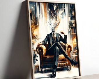 Retro Mann im Anzug Abstrakte Explosion, Zeitgenössische Vintage Wand Kunst Poster Gentleman Dekor elegante Anzug Luxuriöse Printable Download Kreativ