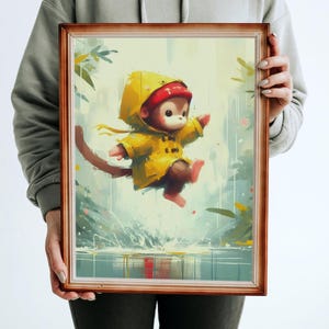 May include: A cartoon illustration of a monkey wearing a yellow raincoat with a red hat, jumping over a puddle of water in a forest setting.