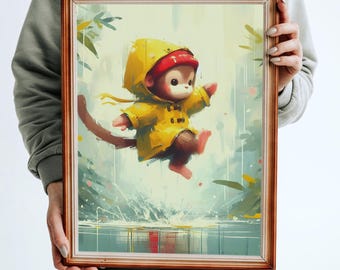 Playful Monkey in Yellow Raincoat Splashing in a Forest, Downloadable Print, Playroom Nursery Decor, Adorable Baby Monkey Artwork Wall Art