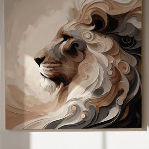 May include: A square canvas art piece featuring a profile of a lion's head. The artwork uses a palette of neutral tones, including shades of brown, beige, and gray. The lion's mane is depicted with swirling, textured brushstrokes.