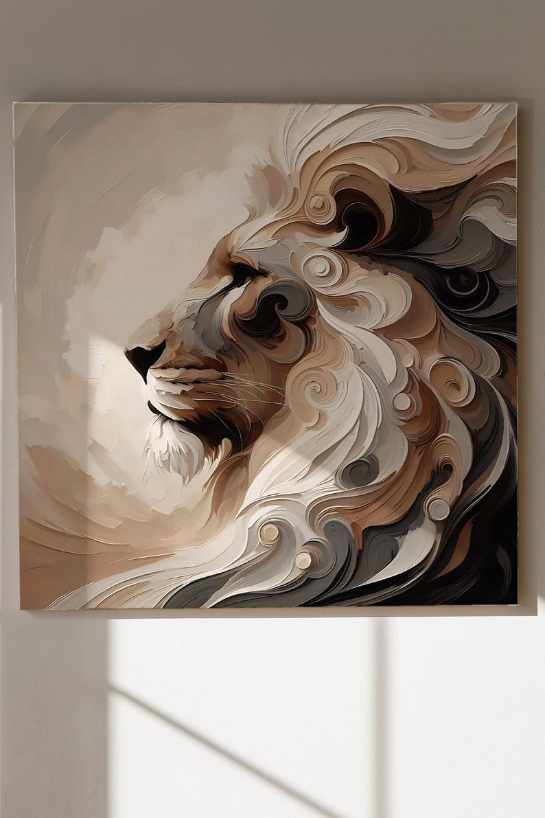 May include: A square canvas art piece featuring a profile of a lion's head. The artwork uses a palette of neutral tones, including shades of brown, beige, and gray. The lion's mane is depicted with swirling, textured brushstrokes.