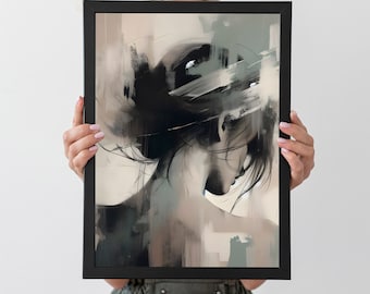 Elegant Abstract Woman in Muted Green - Neutral, Feminine Wall Art, Printable Modern Decor, Instant Download, Shy Woman, Hair Art
