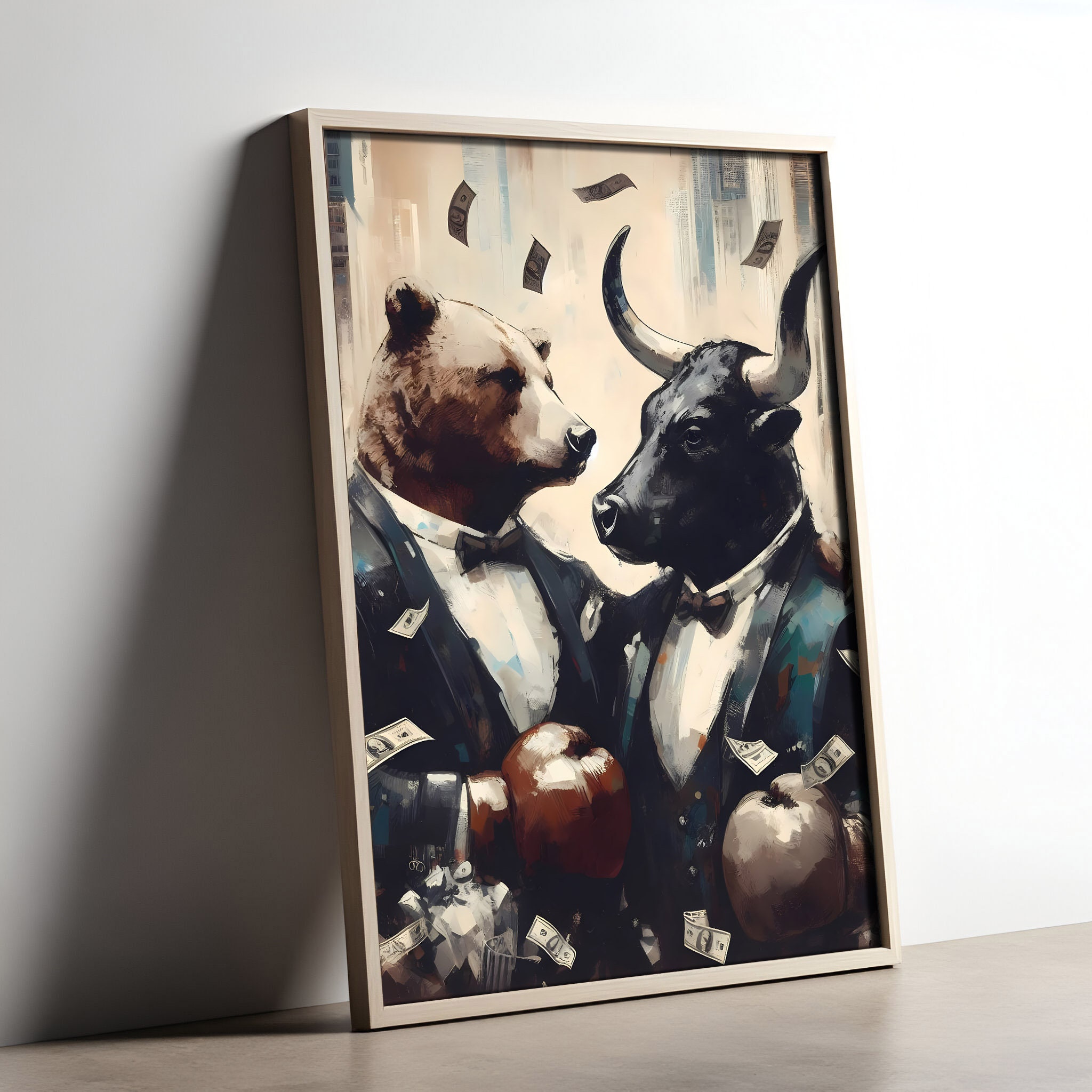 Wall Street Showdown Bull and Bear in Suits and Boxing Gloves Stock Market Traders Wall Art Finance Decor Vintage Iconic Downloadable Print