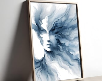 Ethereal Abstract Female Portrait Flowing Blue Watercolor Art Mystical Digital Download for Modern & Minimalist Wall Decor Printable