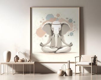 Mindful Elephant Art, Cute Yoga Decor, Downloadable Print for Nursery Kids' Room or Meditation Space, Zen Elephant Watercolor Printable Art