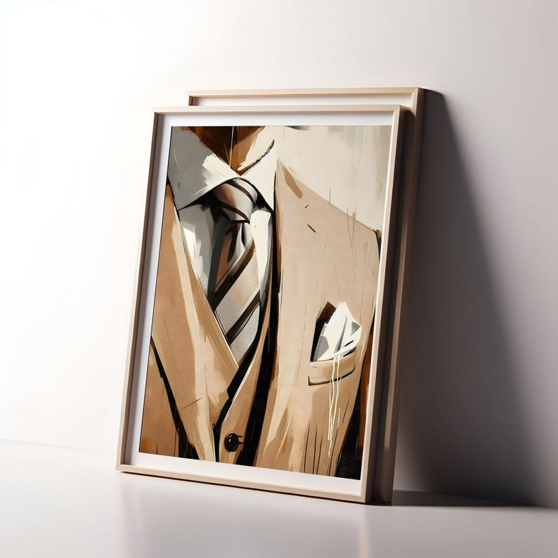 K&ouml;nnte beinhalten: Ein Gem&auml;lde eines braunen Anzugs mit einem wei&szlig;en Hemd und einer gestreiften Krawatte. Der Anzug ist in einem stilisierten, abstrakten Stil gemalt.