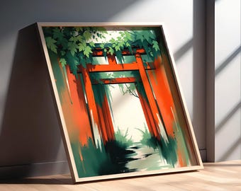 Japanese Torii Gate Digital Art Print, Vibrant Nature-Inspired Wall Art Modern Zen Decor for Home, Office, or Meditation Spaces