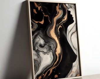 Fluid Art Print in Black and Gold, Abstract Nude, Luxury Bedroom Decor, Illusion Artwork, Downloadable Painting, Erotic Abstract Art,