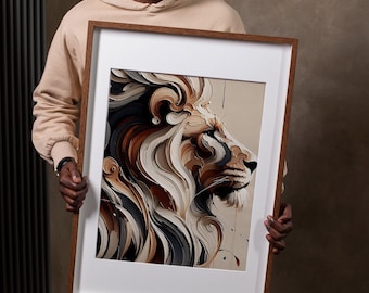 Lion Abstract Wall Art, Swirling Regal Lion Mane Downloadable Print in Neutral Tones, Bold Safari Animal Decor, King of the Jungle Artwork