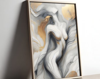 Grau und Gold fließende Kunst der Frau, High Class Schlafzimmer Dekor, exotische Frau Silhouette druckbare abstrakte Wandkunst herunterladbare elegante Kunstwerk