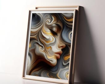 Luxury Abstract Swirling Gold & Silver Woman Portrait | Elegant Digital Art Print | Modern Statement Wall Decor | Instant Download