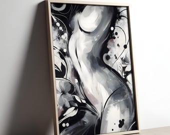 Abstract Feminine Silhouette: Elegant Monochrome Floral Art Print Digital Download for Modern Minimalist Home Decor Black and White Artwork