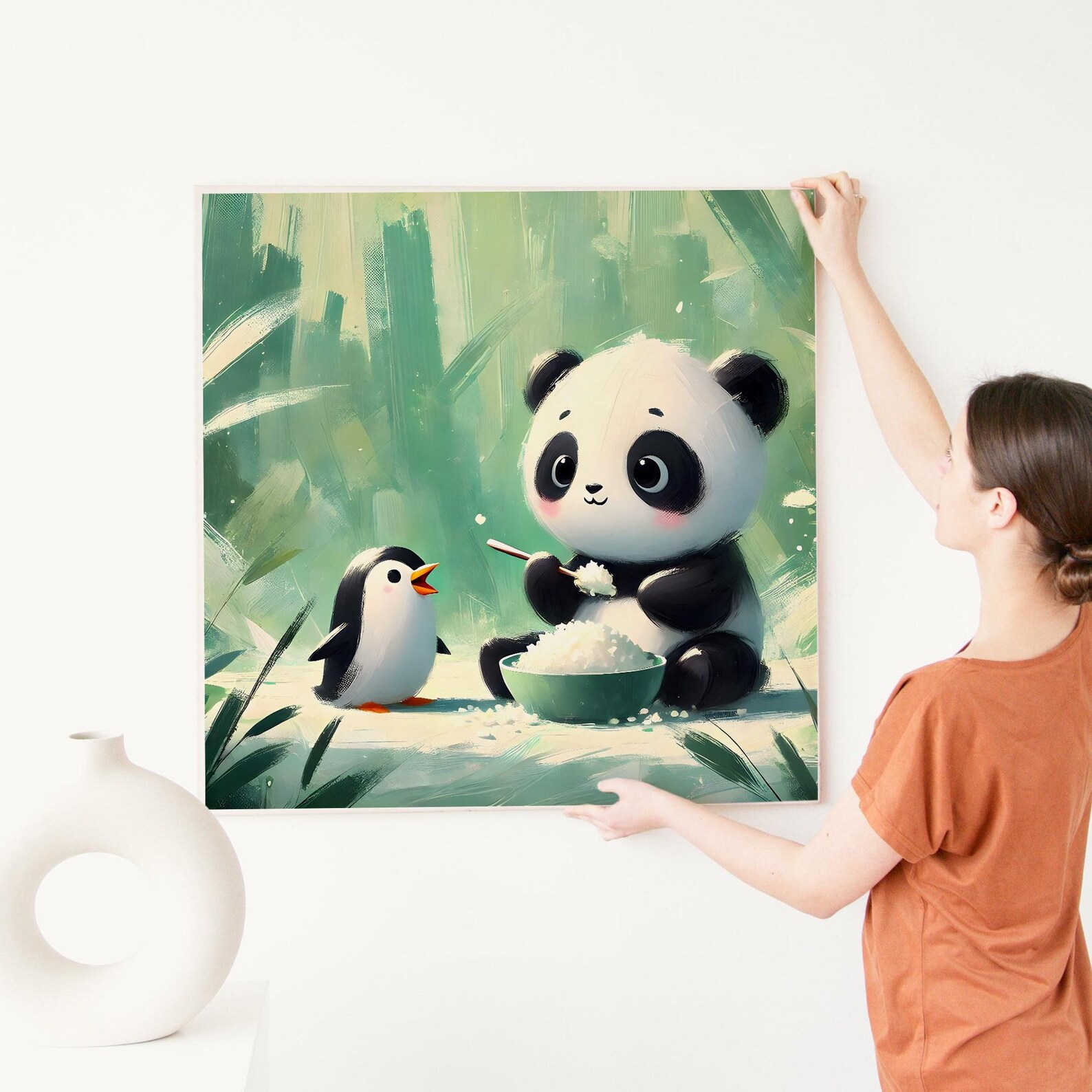 Panda and Penguin Friends Cute Playful Art for Kids Room, Panda Eating ...