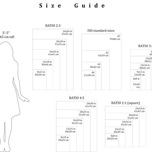 May include: A size guide for clothing with a diagram of a woman's body and a chart showing different ratios and sizes in inches and centimeters. The chart includes standard ISO sizes, such as A1, A2, A3, and A4.