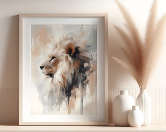 Abstract Lion Art Neutral Majesty, Side Profile, Contemporary Wall Decor, Unique Poster, Living Room Art, Downloadable Print
