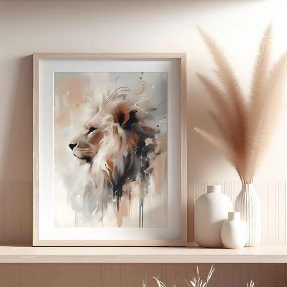 Abstract Lion Art Neutral Majesty, Side Profile, Contemporary Wall Decor, Unique Poster, Living Room Art, Downloadable Print