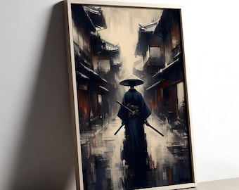 Lone Samurai in Rainy Alley, Japanese Warrior Digital Art, Atmospheric Edo-Inspired Downloadable Printable for Home & Office Decor Painting